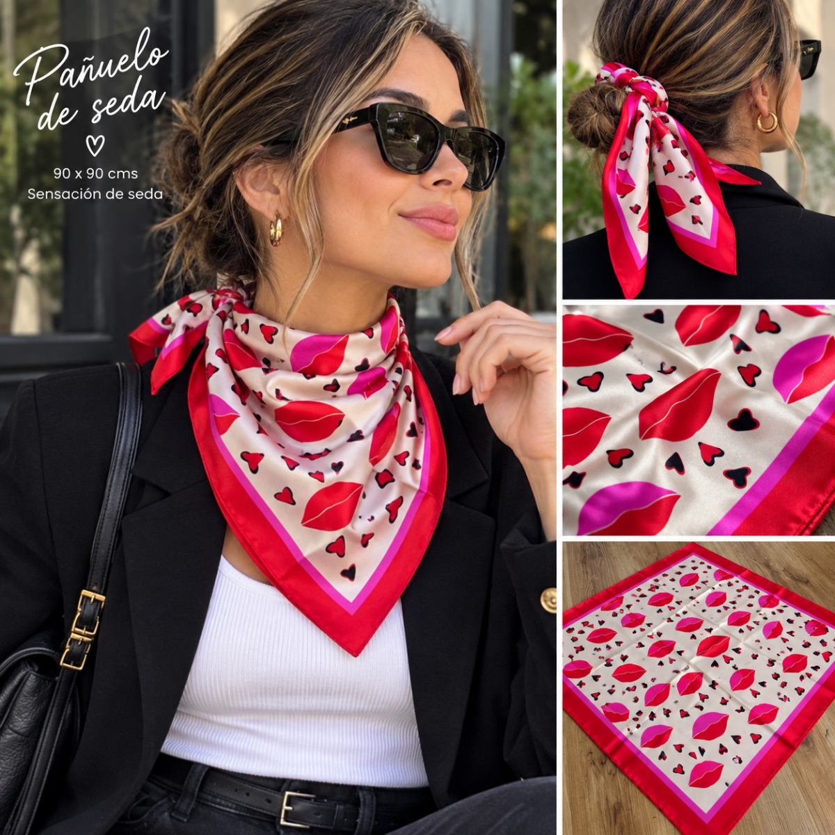 Pañuelo seda 90*90 cms Oreiro love beige rojo y fucsia3