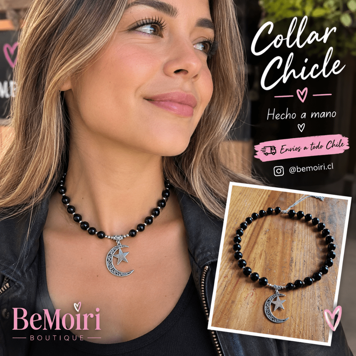 Collar chicle negro luna y estrella1
