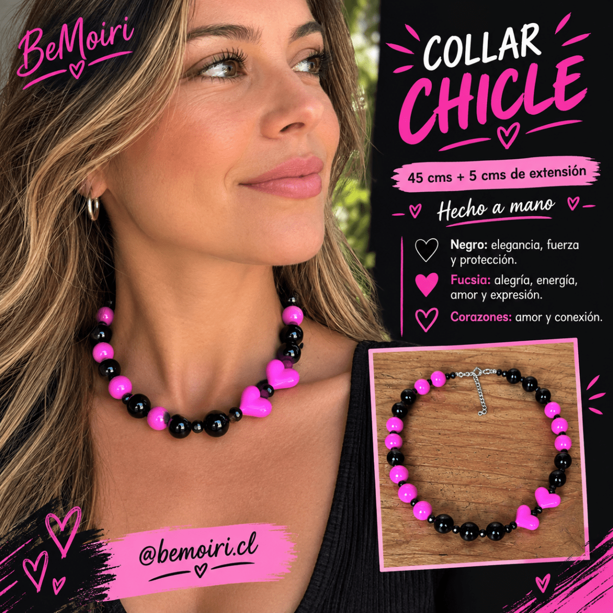 Collar chicle negro fucsia con doble corazon1