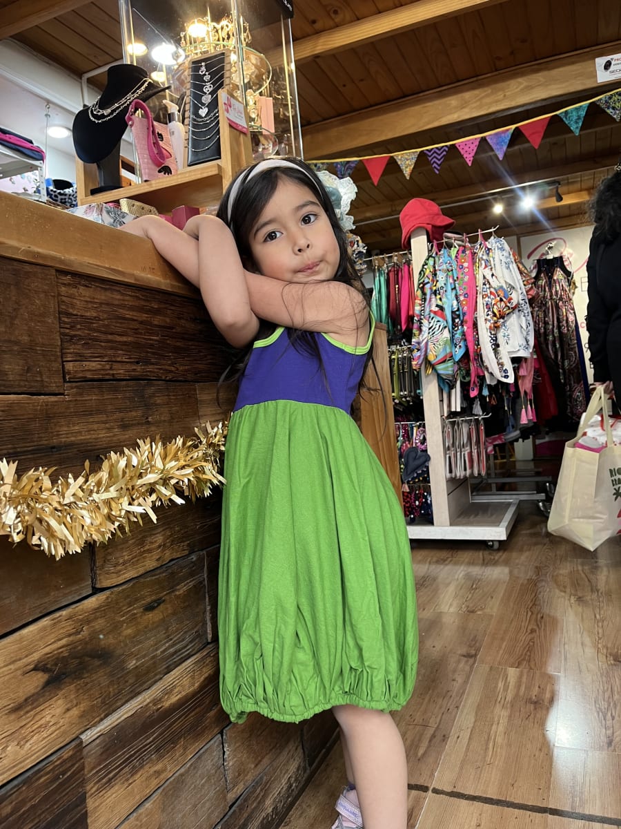 Vestido kisu niña globo  morado verde lino algodon2