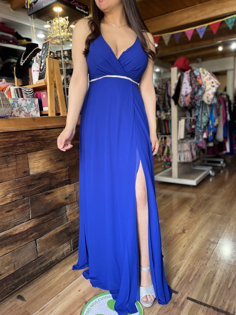Vestido Fiesta largo azul rey cintura plata2