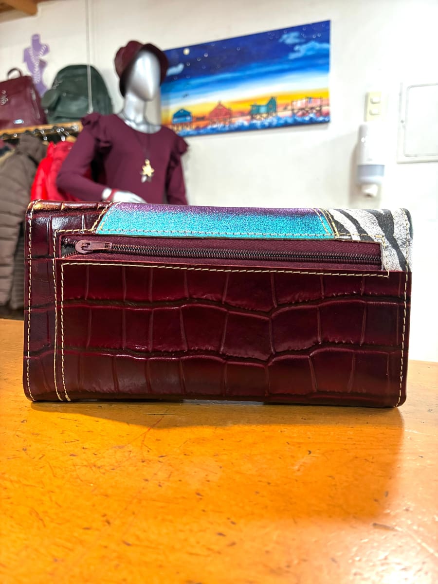 Billetera cuero patchwork 3 cuerpos cebra Burdeo2