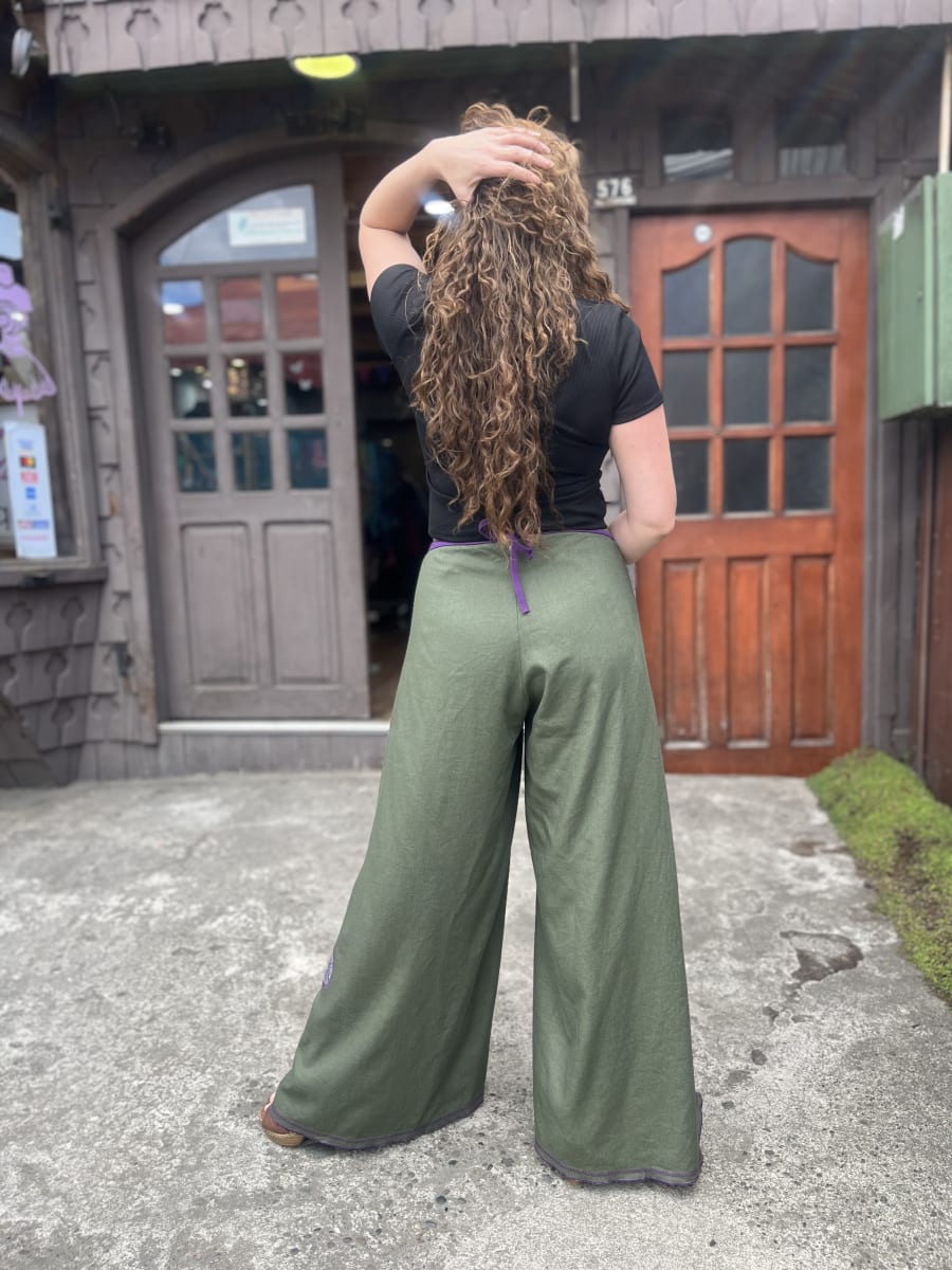 Pantalon kisu pareo lino verde musgo morado1