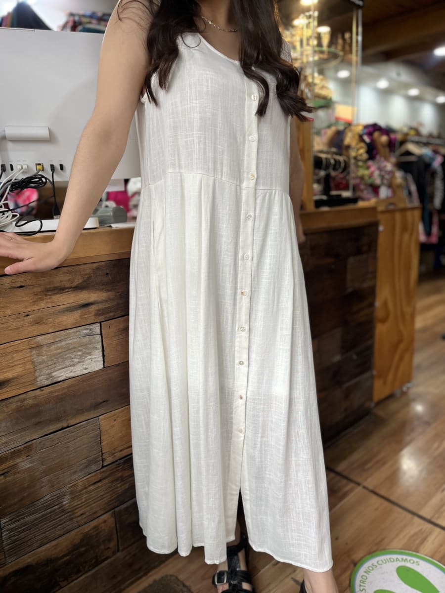 Maxivestido Lino blanco con botones y bolsillos2