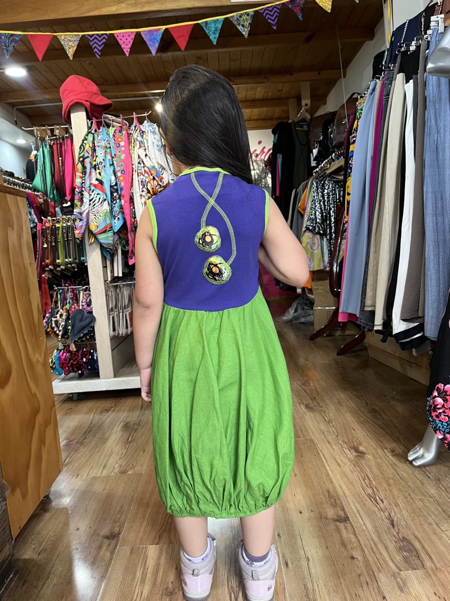 Vestido kisu niña globo  morado verde lino algodon3