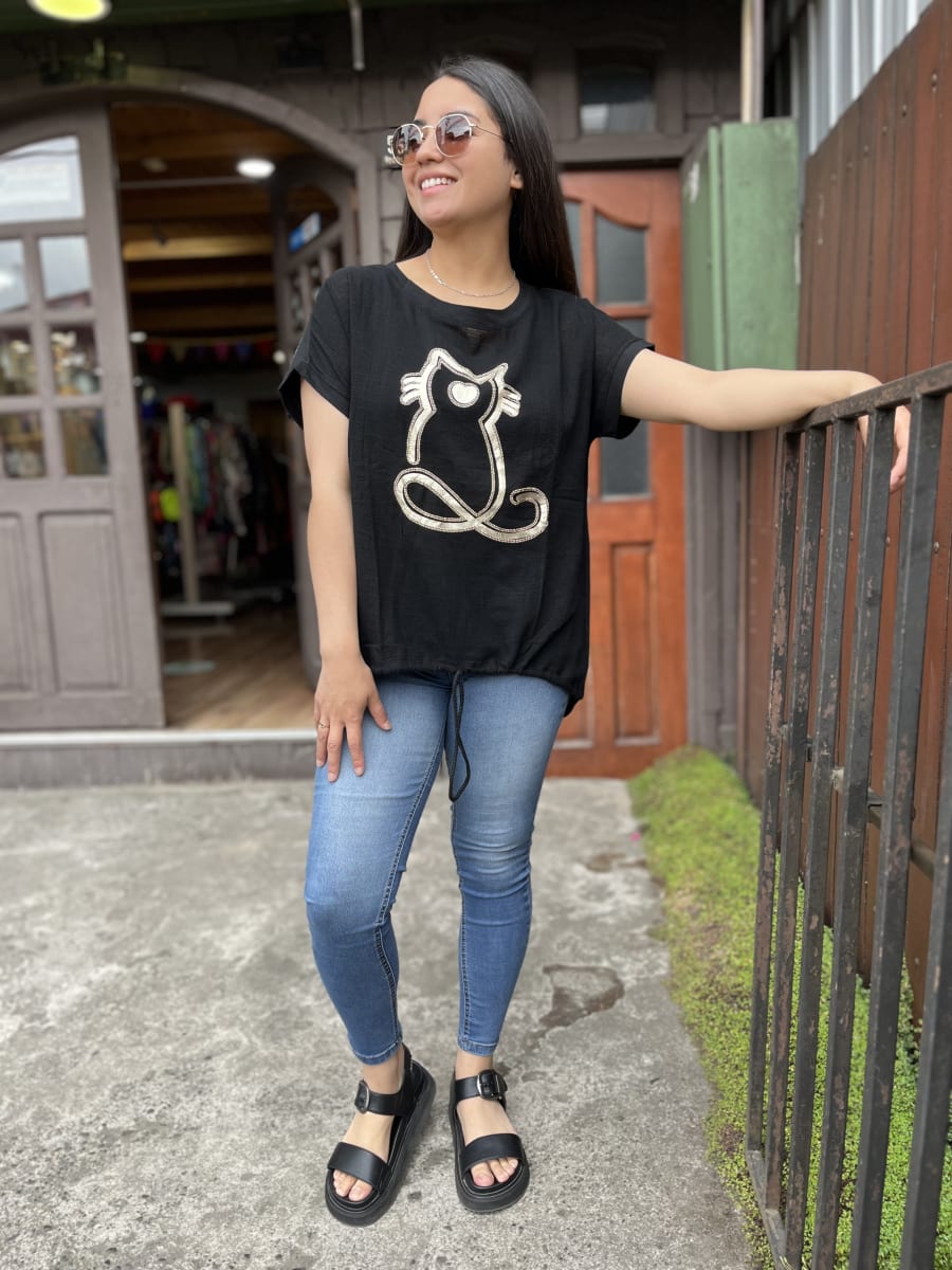 Polera lino y algodon negro gatito2