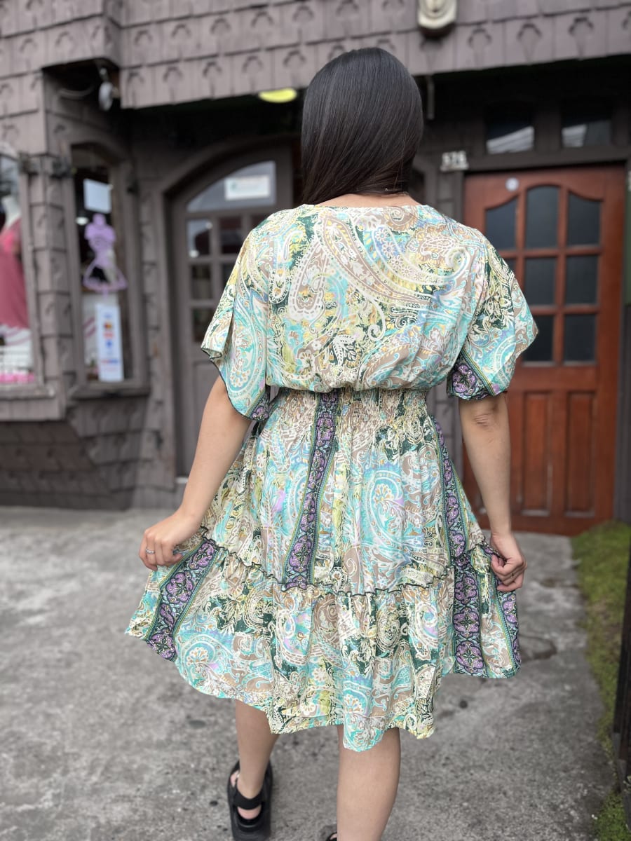 Vestido India cintura elasticada gold verde morado manga vuelo1