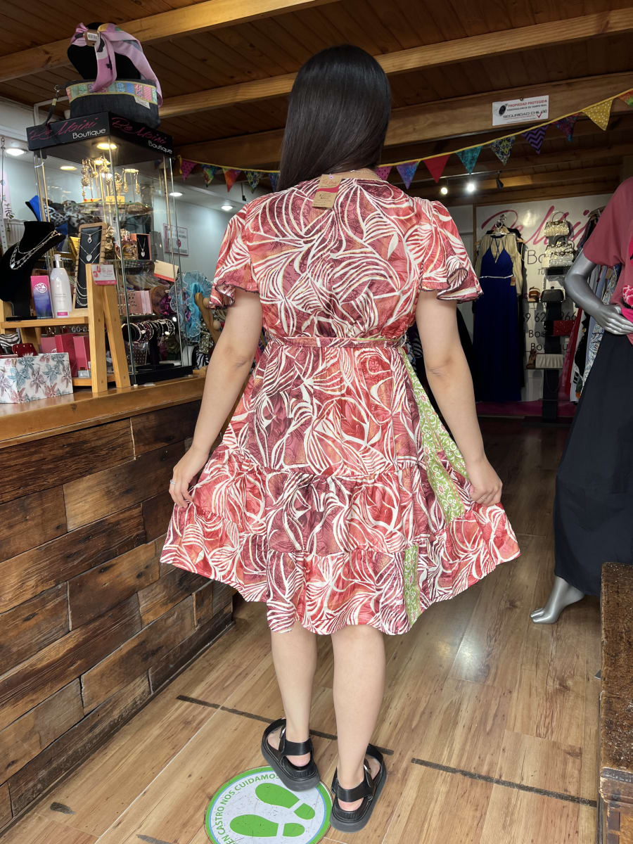 Vestido India lazo y botones guinda verde manga vuelo1