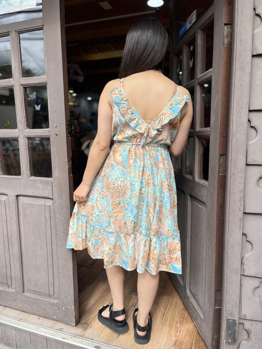 Vestido India pabilo ajuste cintura gold celeste naranjo1