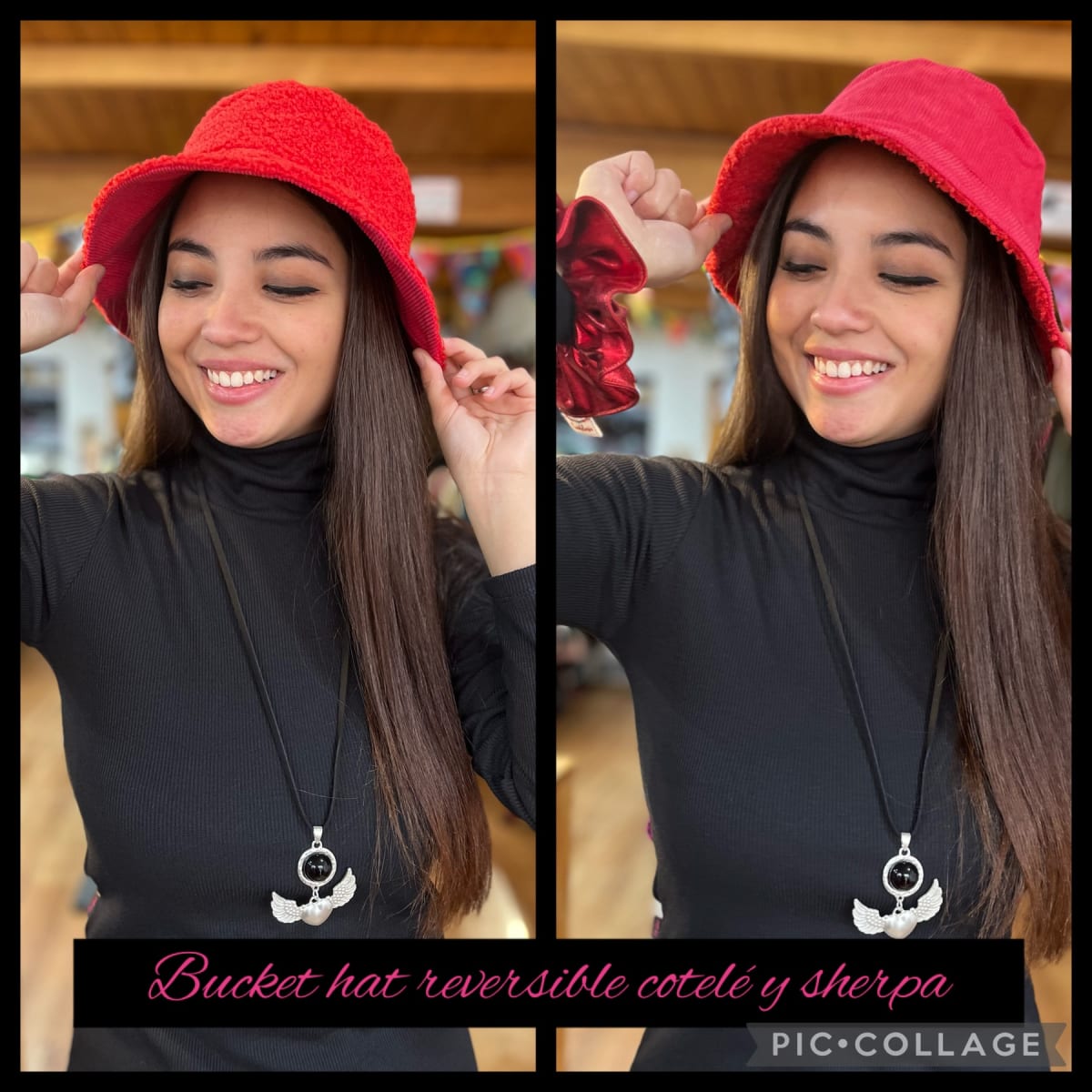 Sombrero bucket hat rojo reversible  cotelé sherpa1