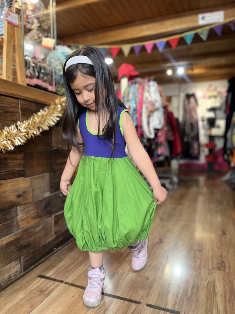 Vestido kisu niña globo  morado verde lino algodon1