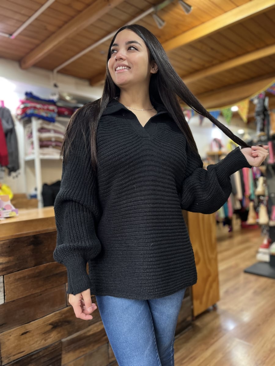 Sueter lana negro cuello camisero manga globo1