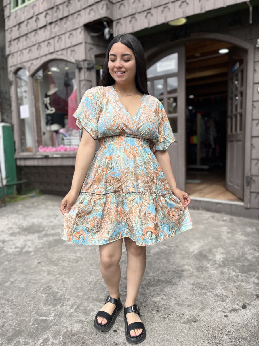 Vestido India cintura elasticada gold camel naranjo manga vuelo1