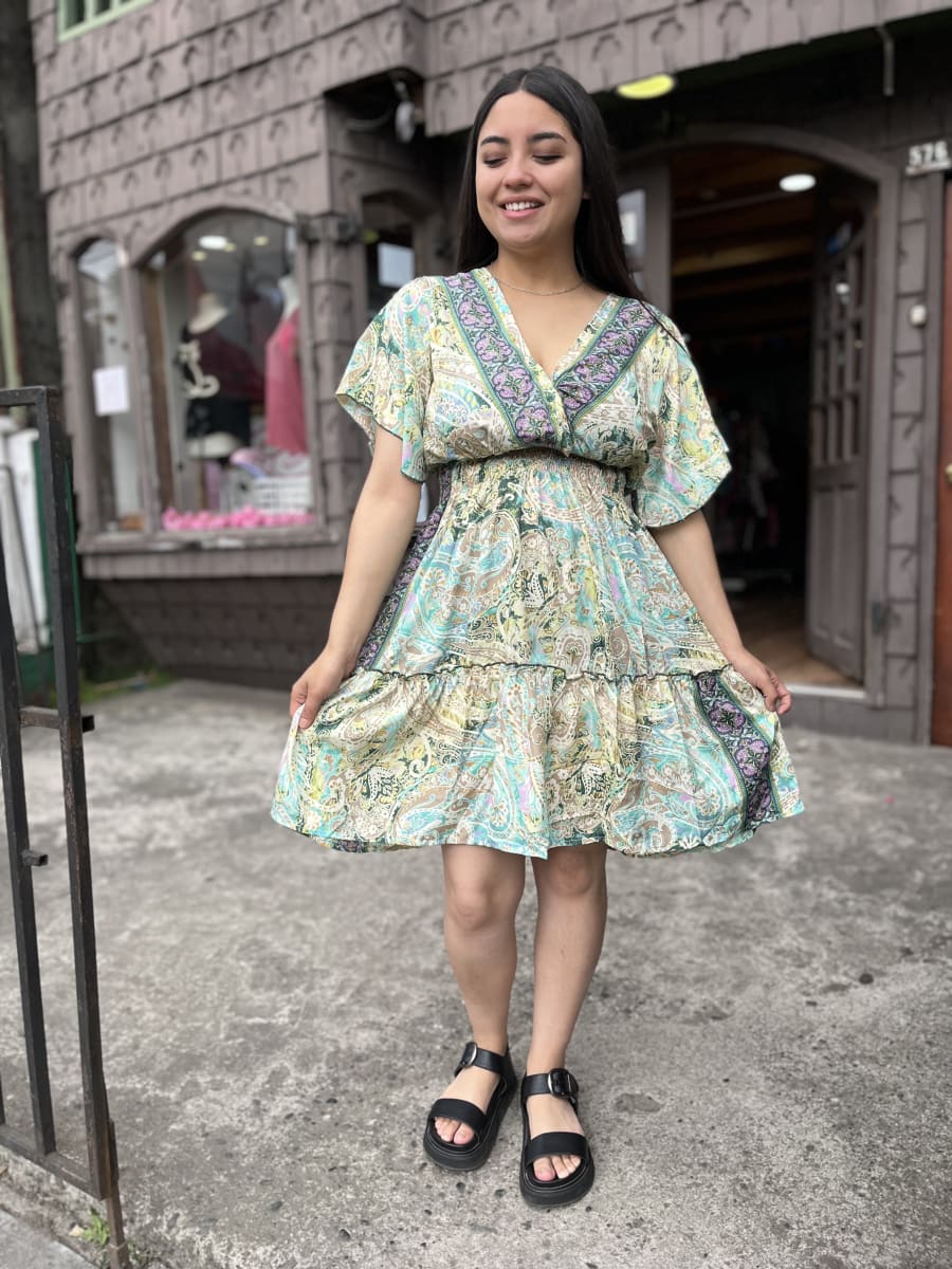 Vestido India cintura elasticada gold verde morado manga vuelo2