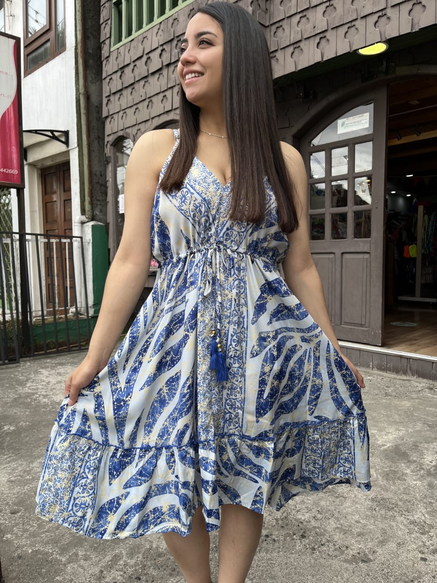 Vestido India pabilo ajuste cintura gold celeste azul2