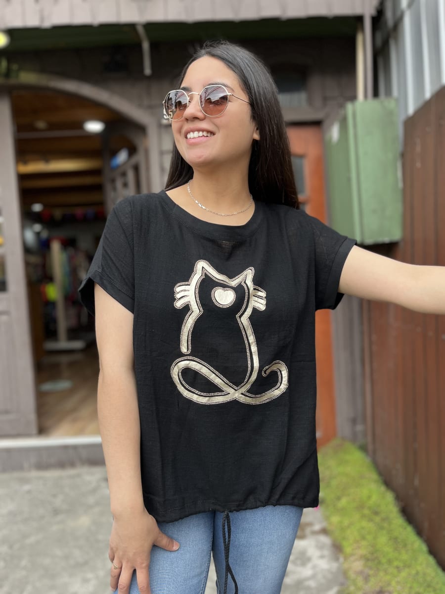 Polera lino y algodon negro gatito1