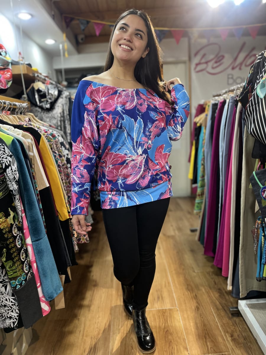 Poleron Murcielago Sofia floral azul y fucsia1