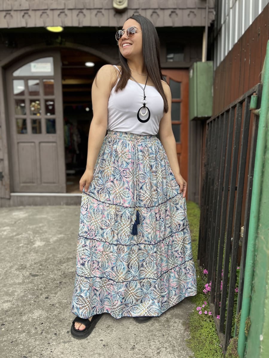 Maxi falda India seda gold blanco azul rosado1