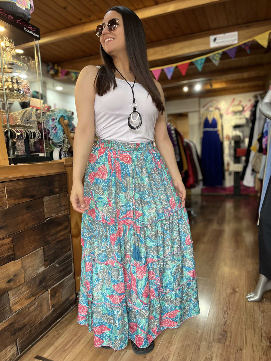 Maxi falda India seda gold seda turquesa rosado gris1