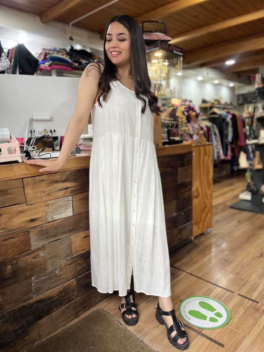 Maxivestido Lino blanco con botones y bolsillos1