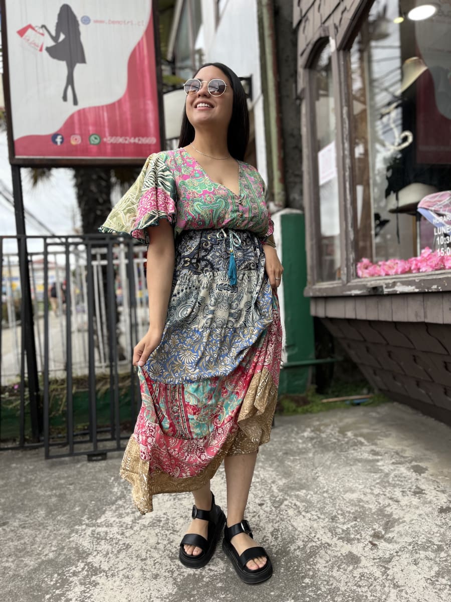 Maxi vestido India seda patchwork verde fucsia manga mariposa1