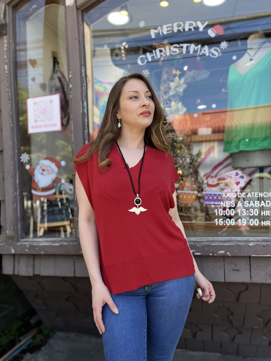 Polera hilo cuello V Rojo manga corta2