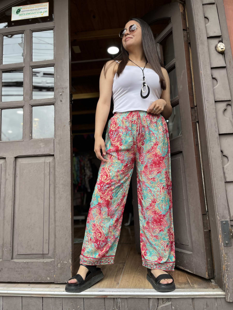 Pantalon India seda recto turquesa rojo cintura elasticada1