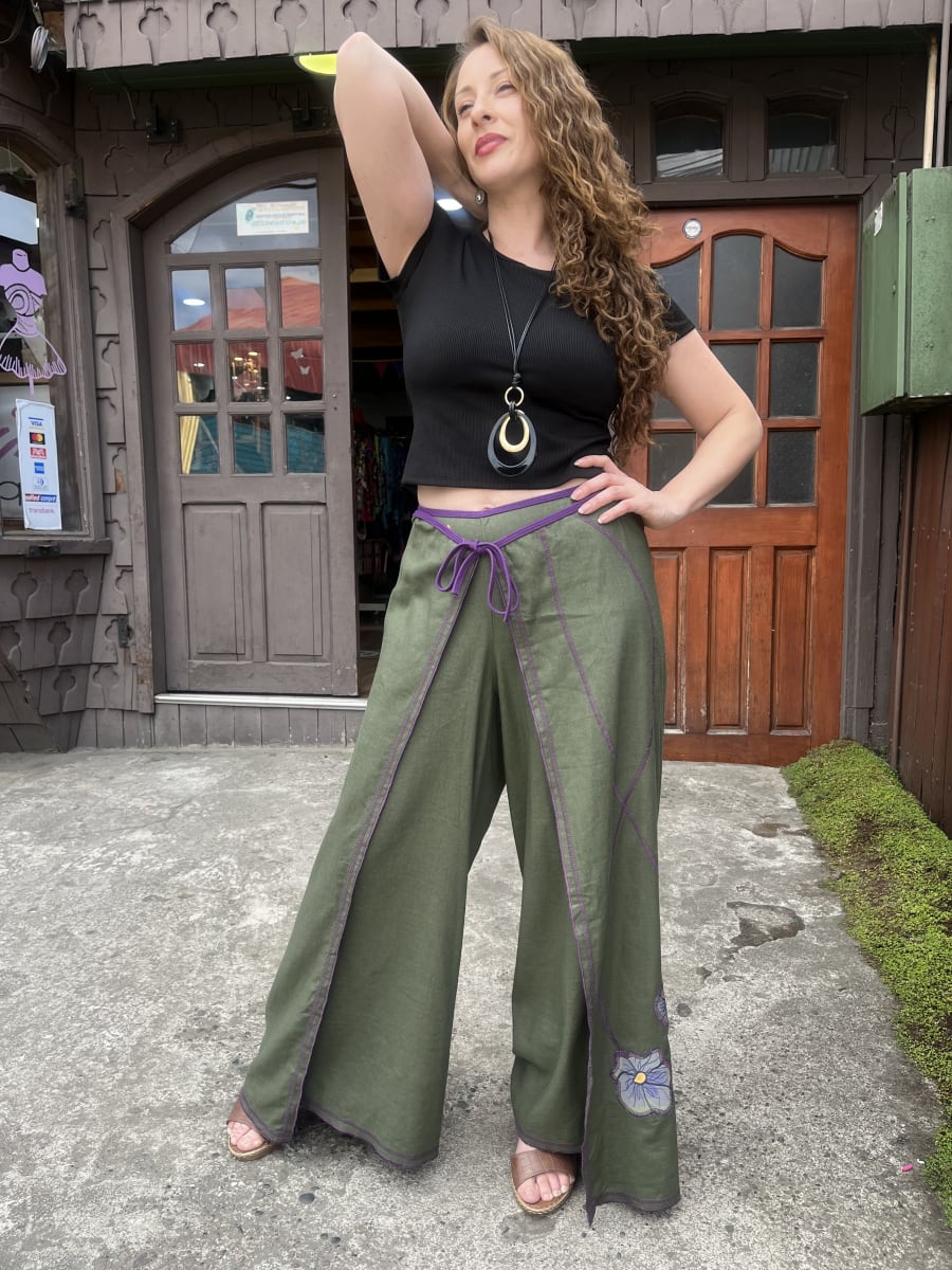 Pantalon kisu pareo lino verde musgo morado2