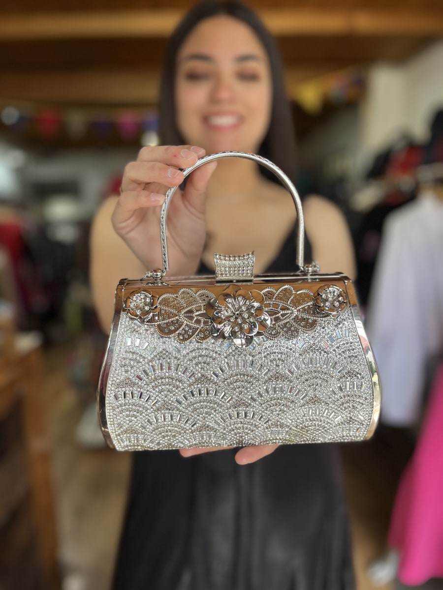 Cartera fiesta  plateada flor ostras con tomador2