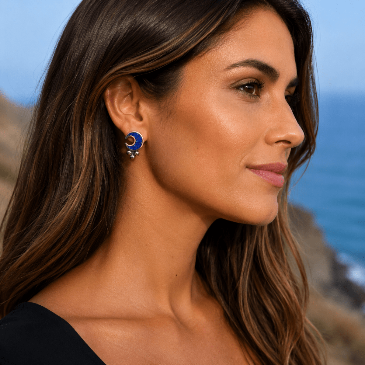 Aros N&F cobre plata bronce luna mosaico lapislazuli1