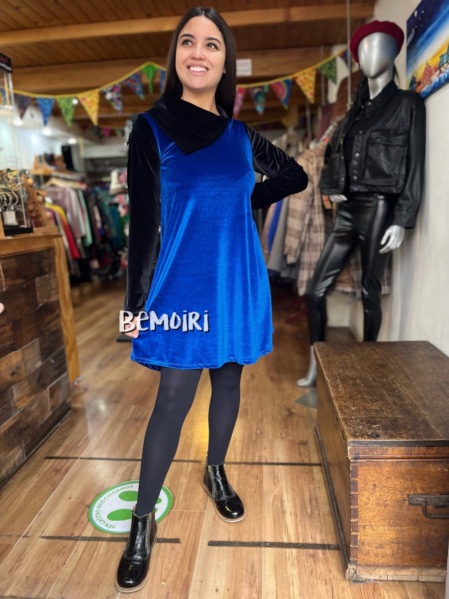 Vestido Velvet azul bicolor  rey cuello pañuelo1