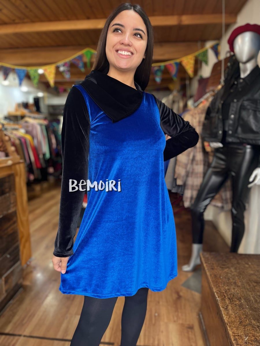 Vestido Velvet azul bicolor  rey cuello pañuelo2