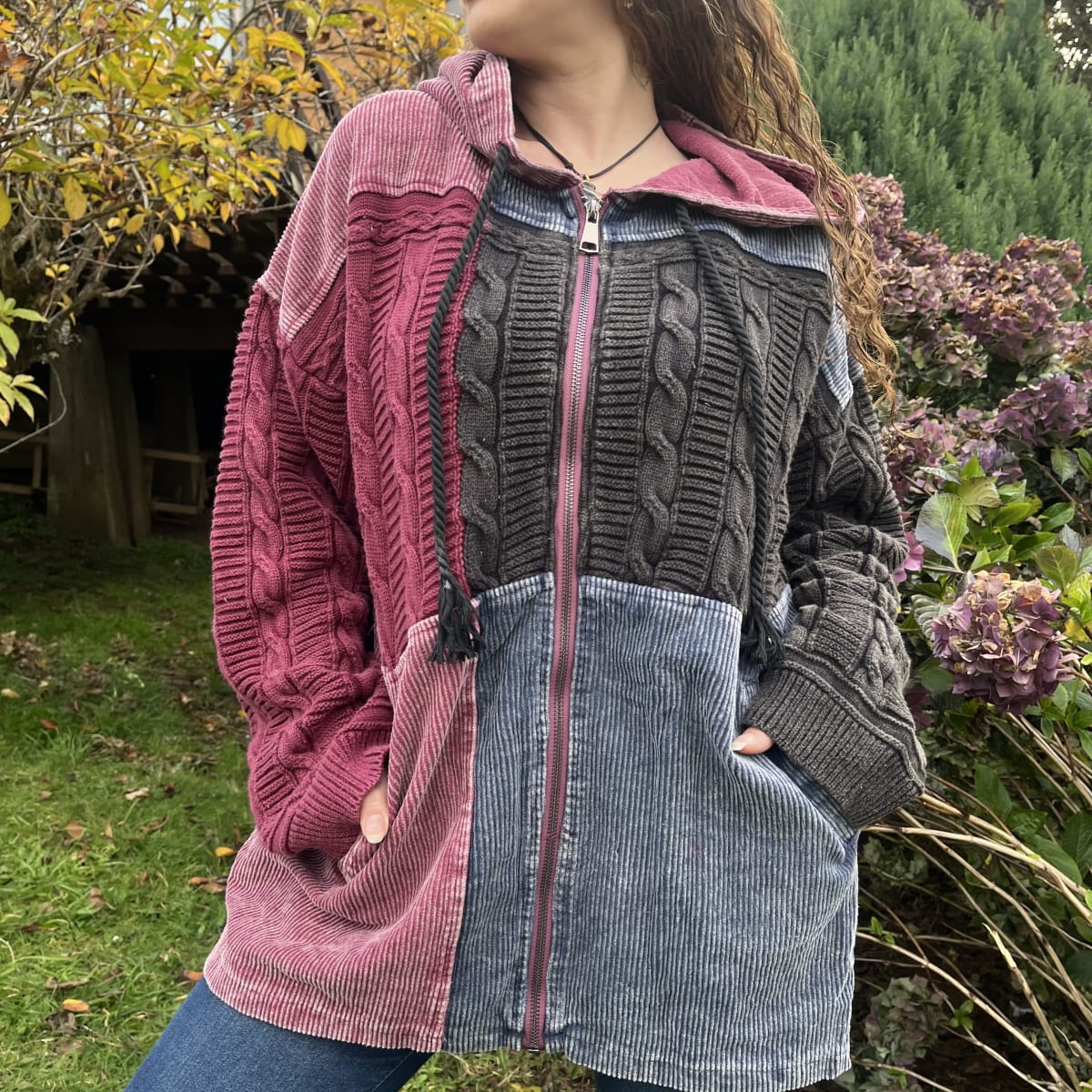 Chaqueta patchwork lana cotele magenta2