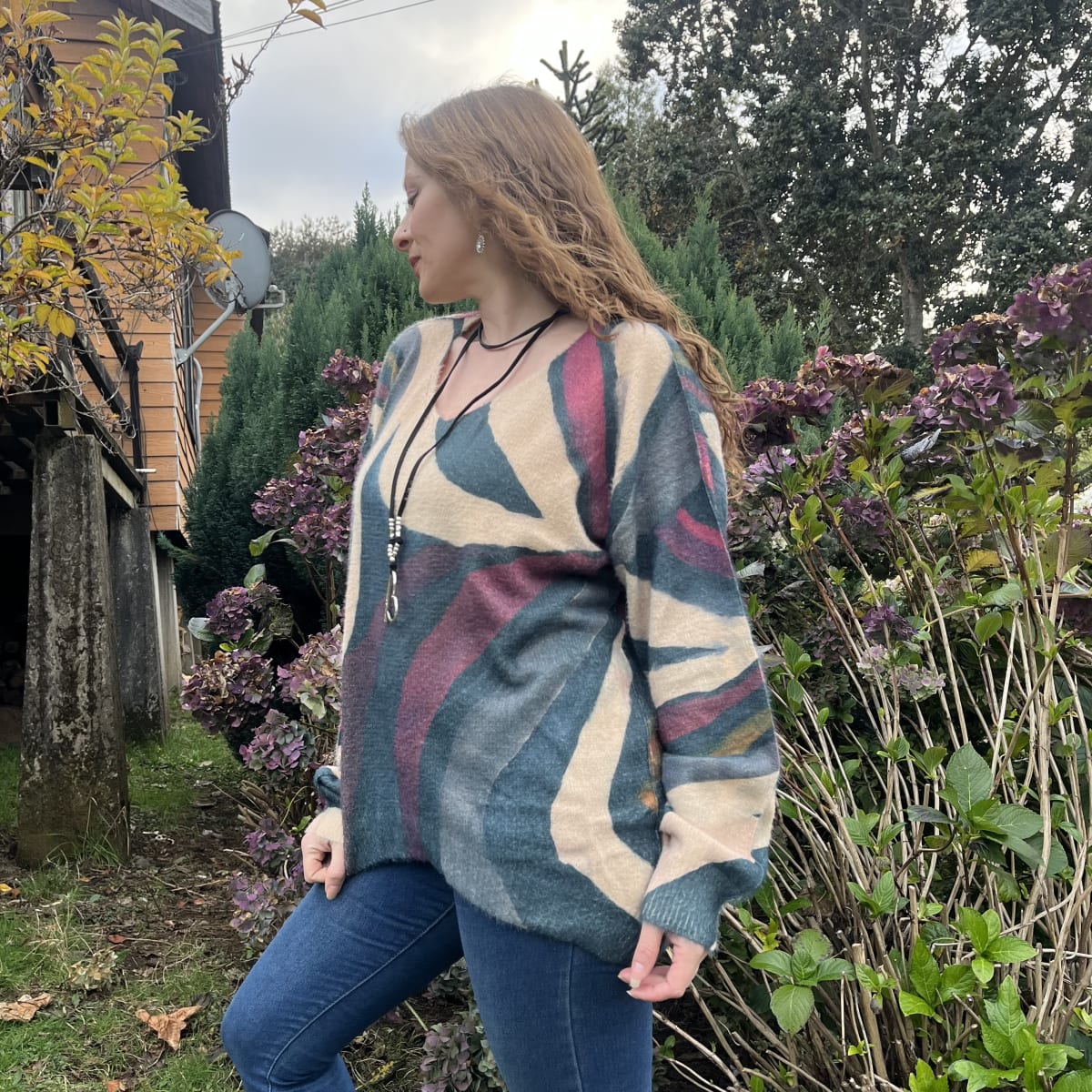 Sueter lana franjas magenta esmeralda4