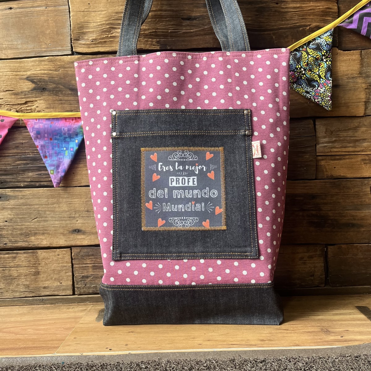 Tote Bag Eres la mejor Profe del mundo guinda puntitos blanco1