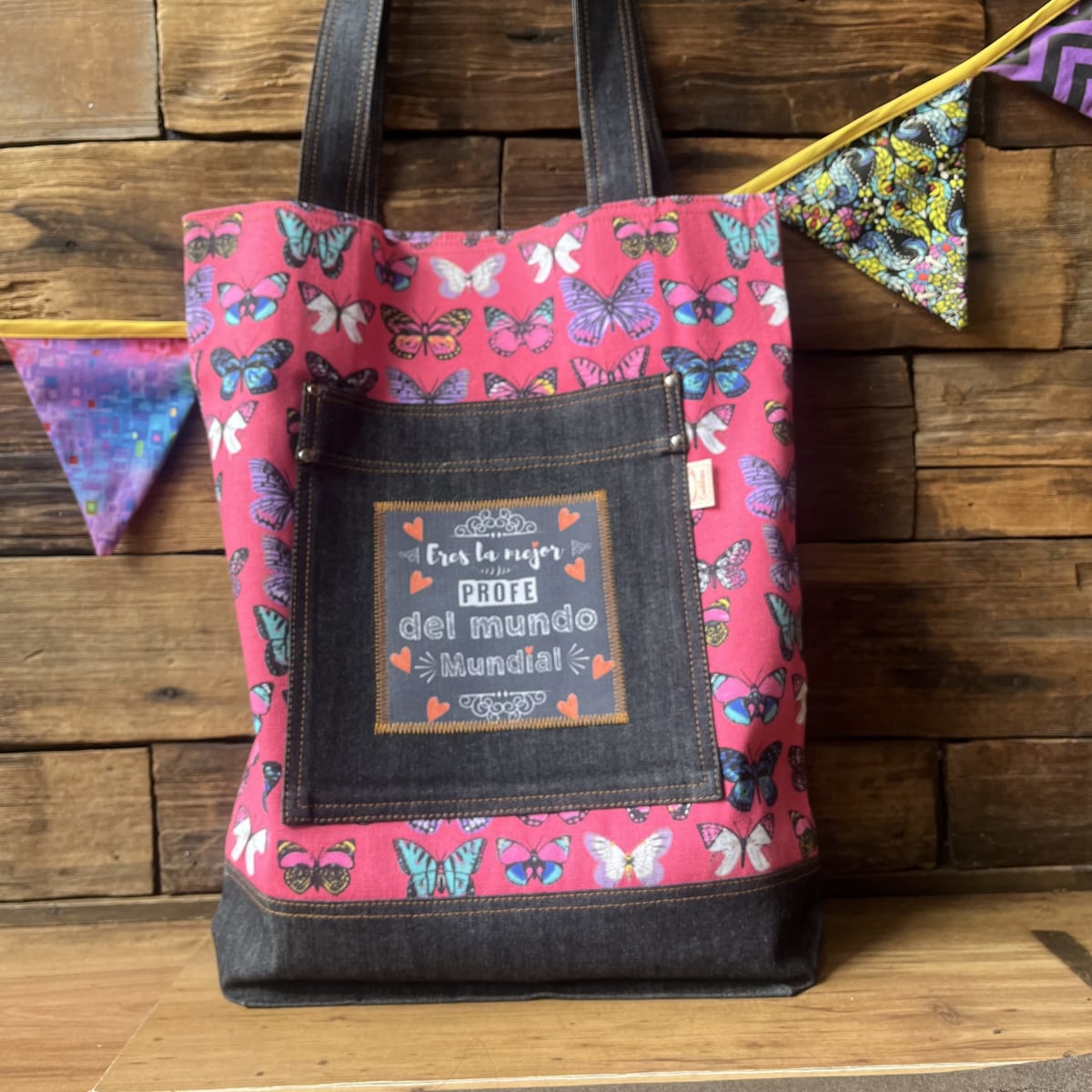Tote Bag Eres la mejor Profe del mundo fucsia mariposas1