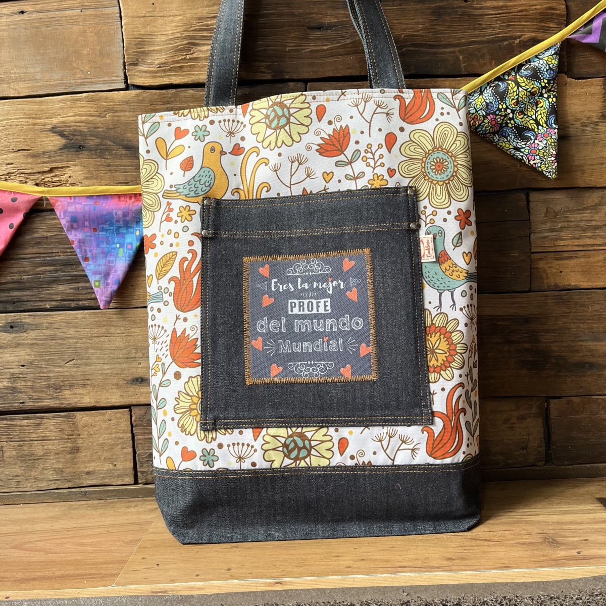 Tote Bag Eres la mejor Profe del mundo blanco aves y flores1