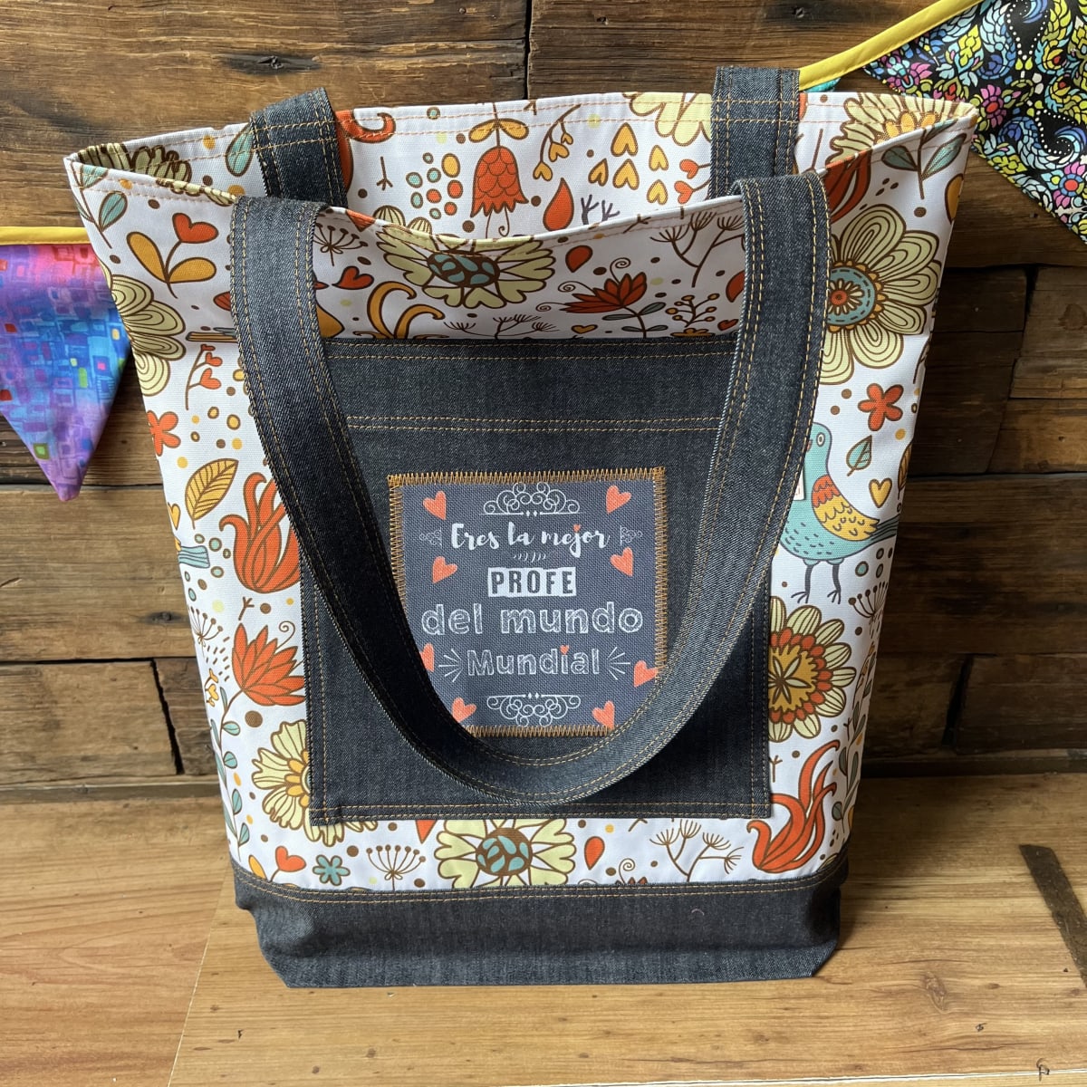 Tote Bag Eres la mejor Profe del mundo blanco aves y flores2
