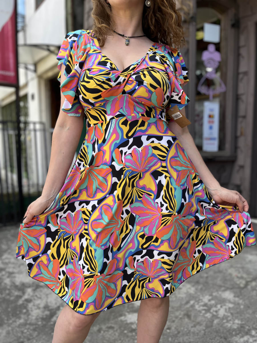 Vestido lycra escote cruzado print amarillo multicolor manga vuelito2