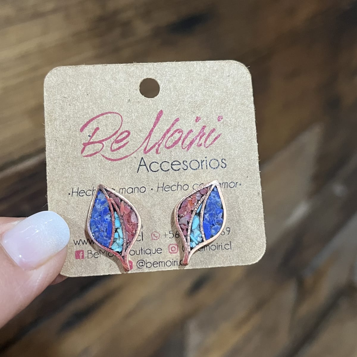 Aros N&F cobre plata bronce hoja mosaico lapislazuli coral turquesa1