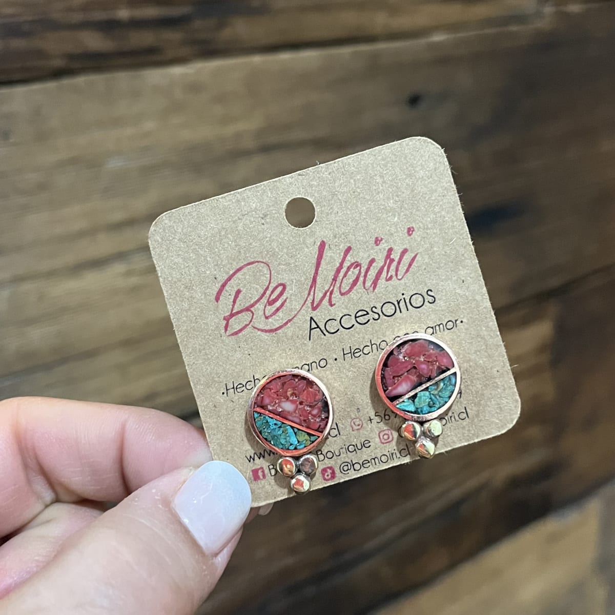 Aros N&F cobre plata bronce circulo mosaico coral crisocola1