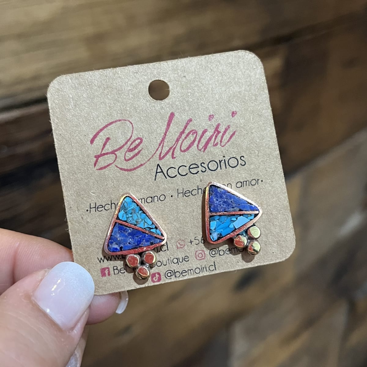 Aros N&F cobre plata bronce triangulo mosaico lapislazuli turquesa1