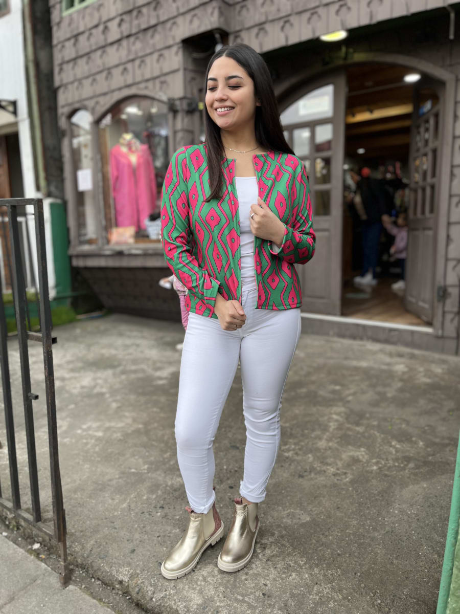 Blazer Marianela sofia verde rombos fucsia2