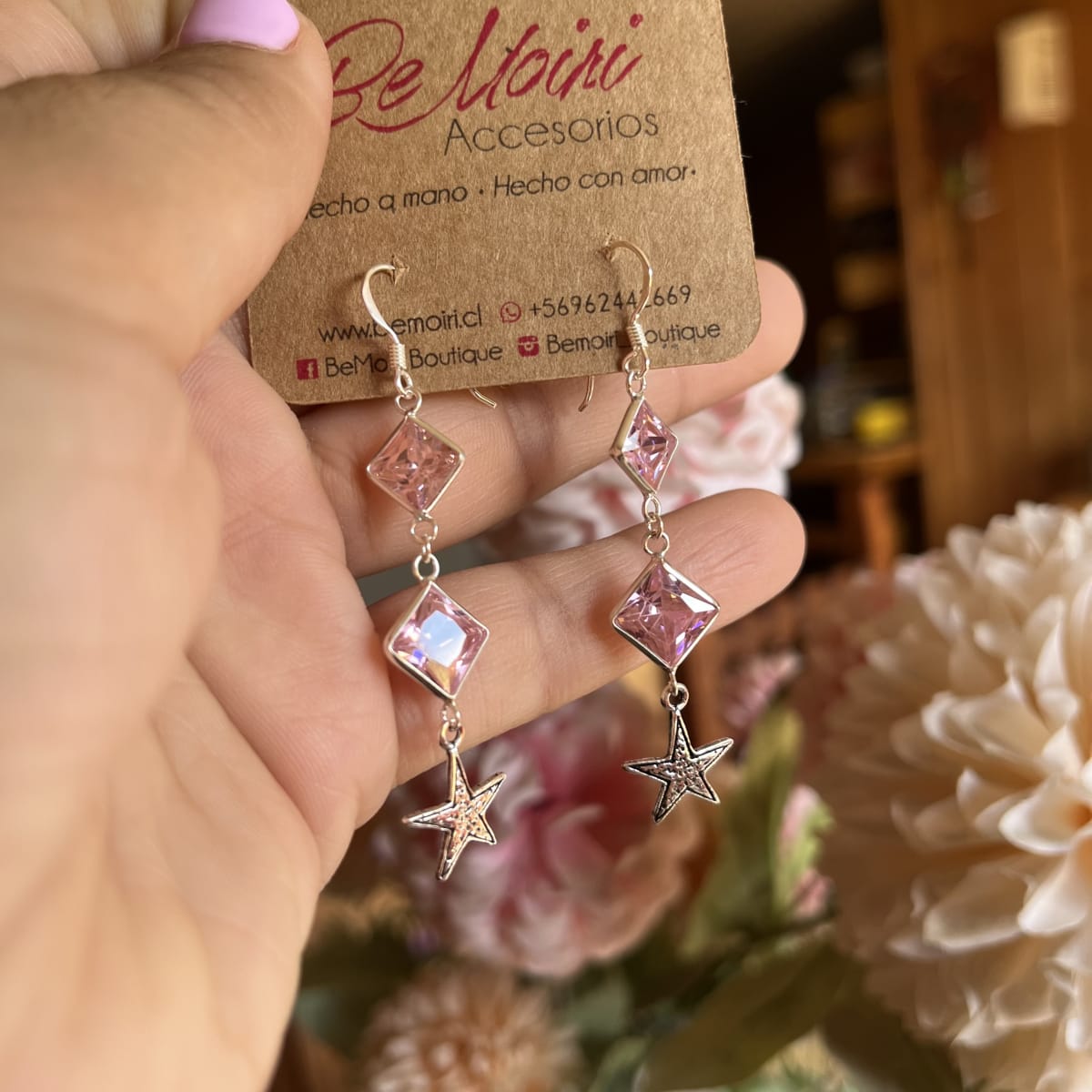 Aros Plata 925 colgantes rosa de francia y estrella1