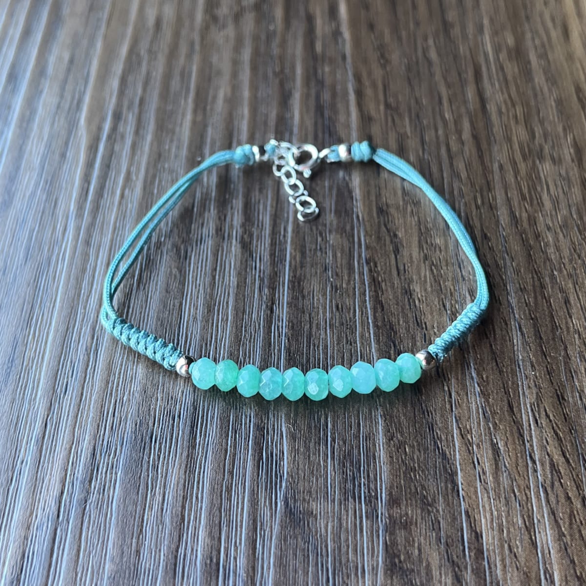 Pulsera Plata 925 aqua verde cristales hilo macramé2