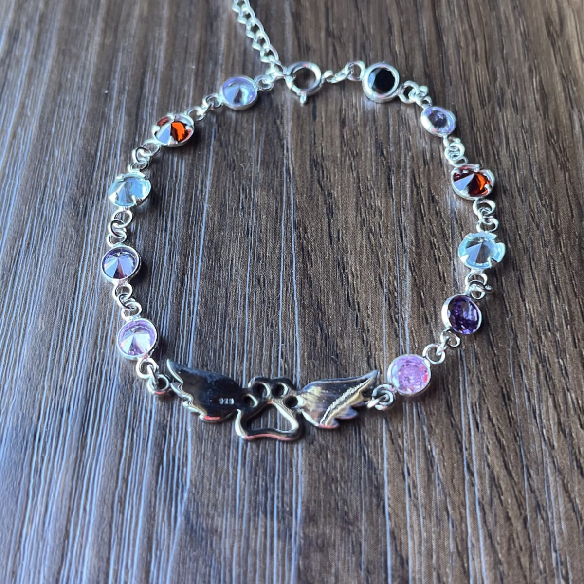 Pulsera Plata 925 angel de huellitas perro o gato cristales colores3