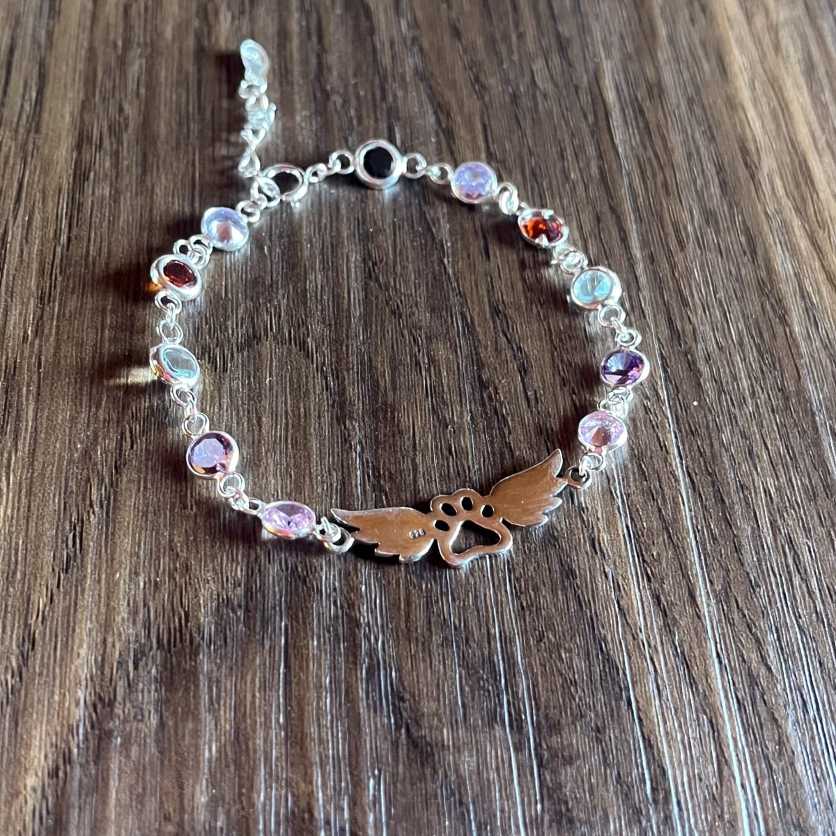Pulsera Plata 925 angel de huellitas perro o gato cristales colores2