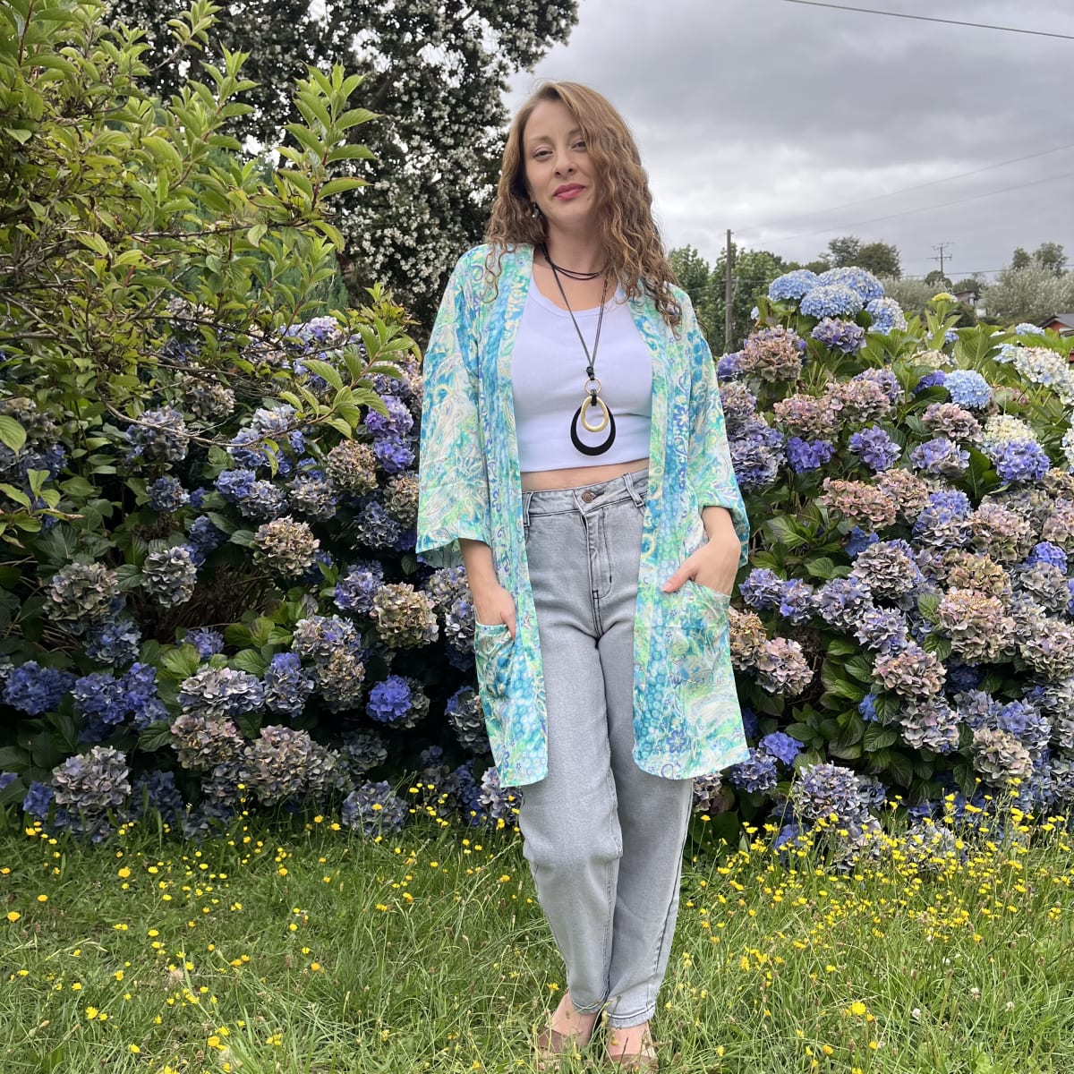 Kimono India seda con lazo y bolsillos turquesa verdes1