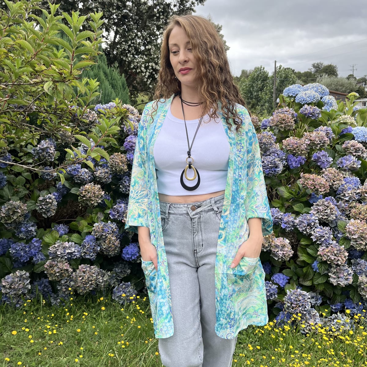 Kimono India seda con lazo y bolsillos turquesa verdes2