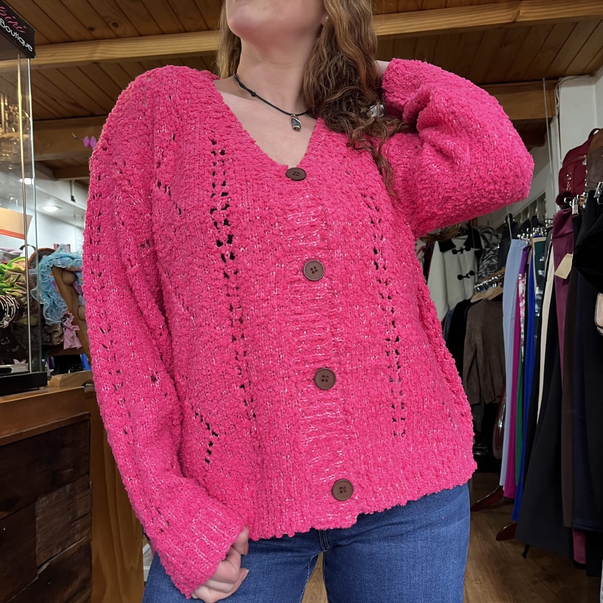 Cardigan botones fucsia bouclé texturas2